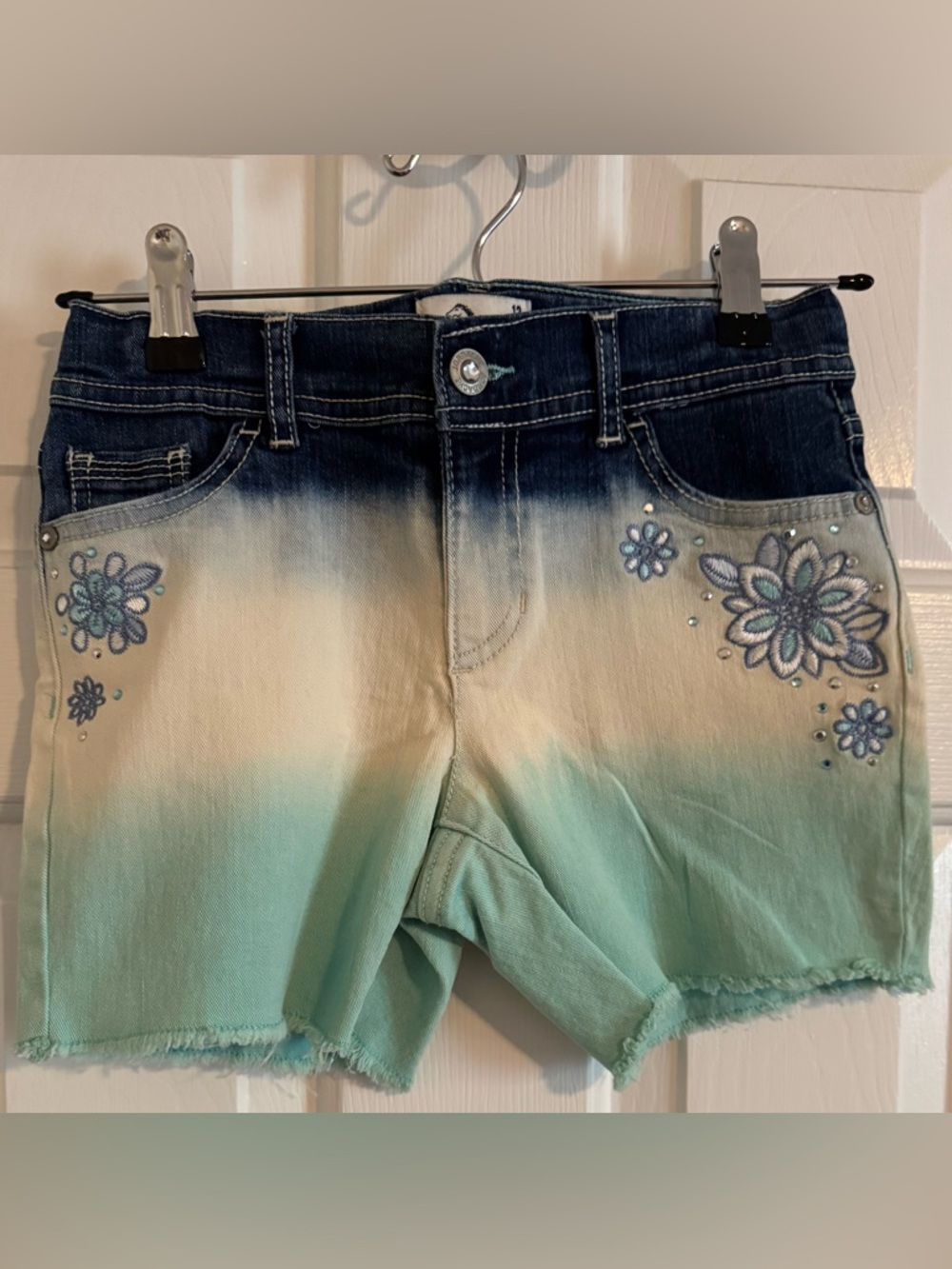 Jordache Blue to Mint Ombre Embroidered Denim Shorts